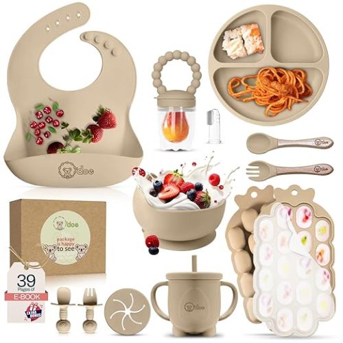 O'doe Baby Weaning Set – 15 Pcs Silicone Baby Feeding Set with Suction Plate, Bowl, Bib, Sippy Cup, Fruit Feeder, Freezer Tray
