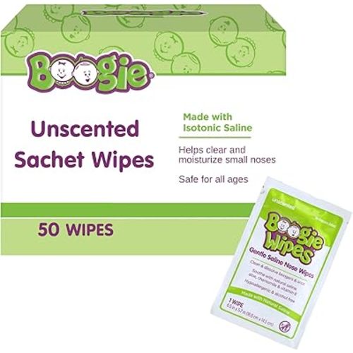 Boogie Wipes Single Packs, Unscented, Wipes Away Dirt and Germs, Natural Saline Tissue with Aloe, Chamomile and Vitamin E, 1 Count, Pack of 50
