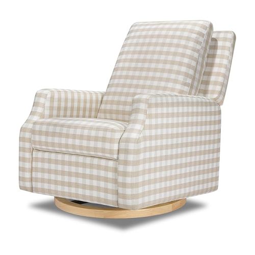 Namesake Crewe Nursery Glider Recliner w/ 360° Swivel, Tan Gingham | GREENGUARD Certified Glider Rocking Chair for Nursery & Living Room - Manual Recline & Swivel Glide