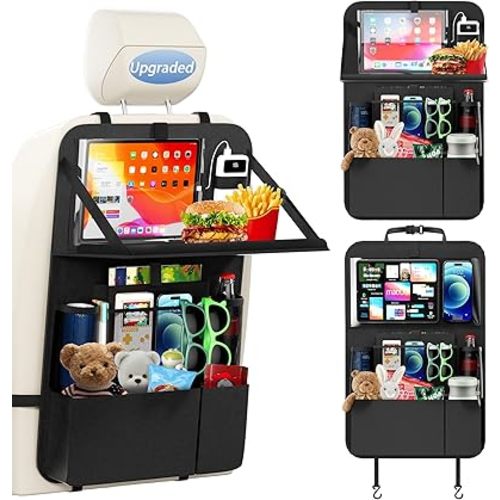 KaiCross Backseat Car Organizer with Upgraded Foldable Tray, Car Seat Organizer for Kids, Travel Accessories with 9 Storage Pockets,Car Seat Organizer Backseat with Touch Screen-1 Pack