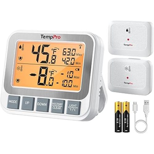 TempPro Wireless Freezer Fridge Thermometer with Alarm, 500 ft/150 m Range, High Accuracy, Rechargeable Refrigerator Thermometer with Backlit LCD Display, Battery Included (Previously ThermoPro)