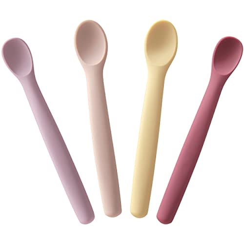 Moonkie Silicone Baby Spoons Set of 4, Toddler Spoons for Self Feeding 6 Months, Two Sizes Feeding Spoons for First Stage 4+ Months, Baby Utensils, Bendable, Chewproof & Boil-proof (Without Case)