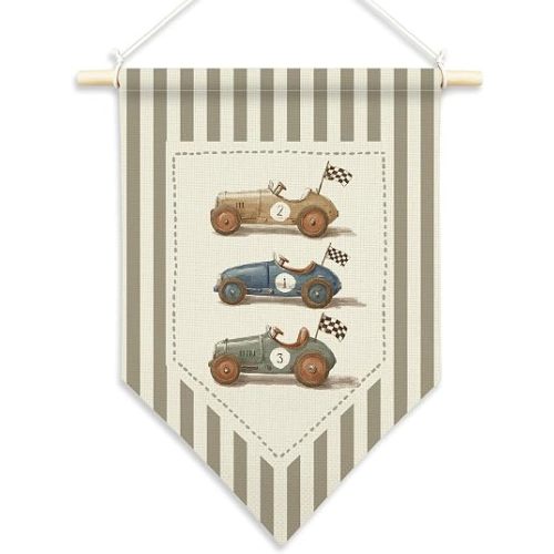 Hiuwevt Vintage Race Car Nursery Wall Art, Kids Room Pennant Flag Poster Hanger Frame, Race Car Vehicle Neutral Striped Wall Art Decor for Kids Boy Nursery Toddler Room Bedroom Playroom, 11x15 Inch