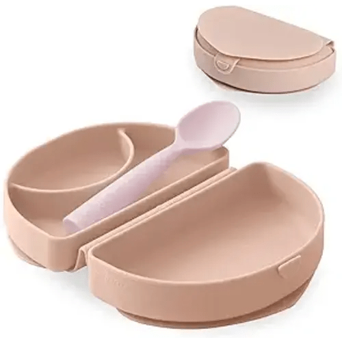 Miniware Fold & Scoop Baby Feeding Set - Silicone Travel Baby Plate With Suction & Baby Spoon - Compact, Portable, Dishwasher-Safe, Suction Base for Mess-Free Eating (Aquamarine and Aqua)