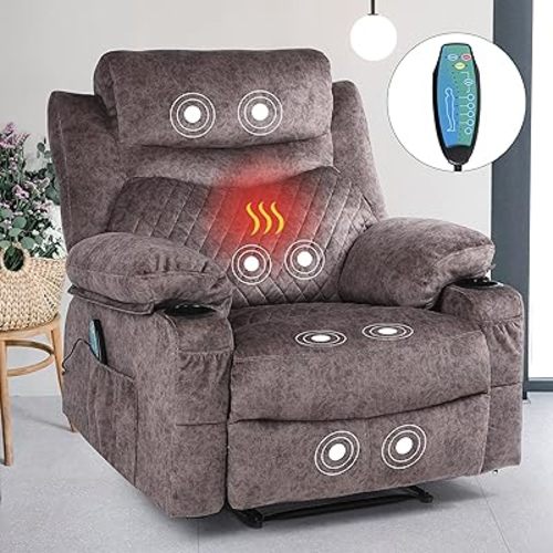 linting Fabric Massage Recliner Chair with Heat, Overstuffed Wide Seat Reclining Chair with Cup Holders for Adult, Heated Massaging Manual Recliner Chairs, Brown