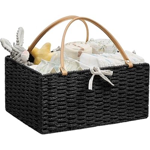 Angelhood Large Paper Rope Diaper Caddy, Baby Essentials Organizer, Portable Baby Shower Baskets Gift Bin, Car Storage Bag for Nursery