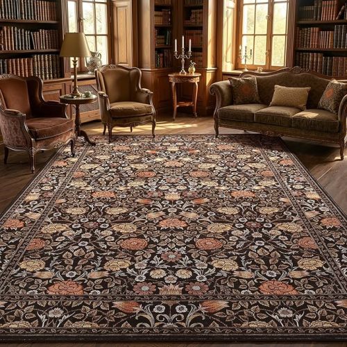 GarveeHome Pink and Green Vintage Floral Washable Rugs 8x10 for Living Room Boho Retro Botanical Rug Low Pile Stain Resistance Non Slip Carpet for Bedroom Nursery Dining Room
