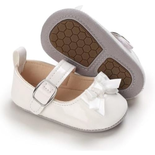 Baby Girls Mary Jane Flats, Non Slip Soft Sole, PU Leather Bowknot Dress Shoes, Newborn Infant Toddler First Walker, 0-18 Months