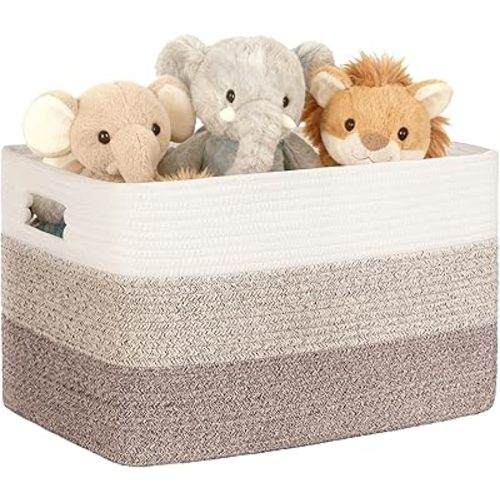 45L Small Laundry Basket with Leather Handles for Living Room Storage, Woven Rope Baskets Bin for Blanket, Kids Toy, Gifts, Wicker Hamper for Bedroom Dirty Clothes, 18"x14"x11" Gradient Brown