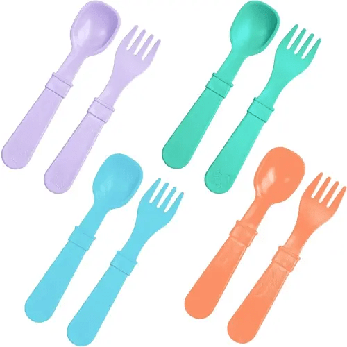 Re-Play Toddler Forks and Spoons Set - 4x4 Utensils Set for Kids - Dishwasher and Microwave Safe - Made in USA - Set of 8-5.8" x 1.2" x 0.2" - Bubble Pop