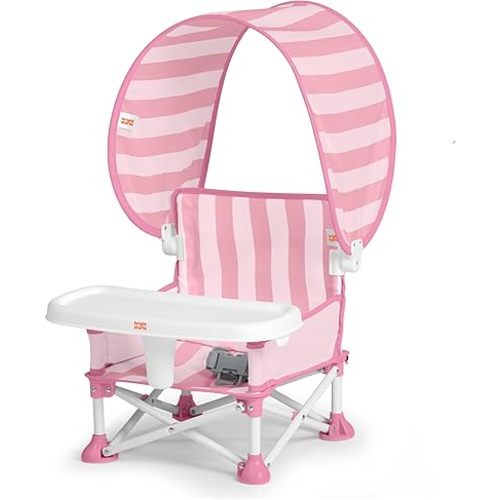 Bright Starts Pop 'N Sit Cabana Portable Booster Chair with UPF Canopy, Floor Seat for Indoor/Outdoor Use, Compact Fold, Pink, 6 Months–3 Years