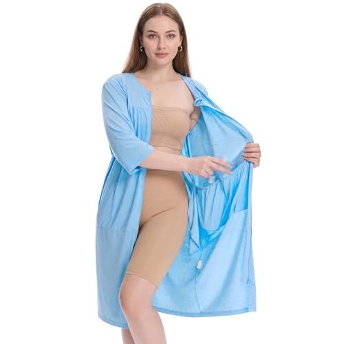 Women's Post Surgery Robe with Drain Pockets Mastectomy Recovery Robe Front Zipper Hospital Gown Pajamas Gift