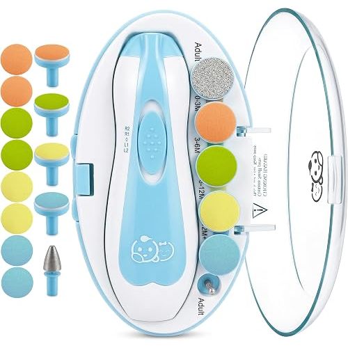 Royal Angels Upgraded 21 in 1 Baby Nail Trimmer with Labeled Case, 13 Extra Replacement Pads, Safe Electric Baby Nail File Kit for Newborns & Toddlers, Whisper Quiet Nail Clipper with LED Light (Blue)
