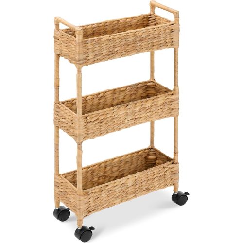 Best Choice Products 3-Tier Slim Water Hyacinth Rolling Nursery Caddy w/Wheels, Handwoven Utility Cart, Narrow Storage Organization for Bathroom, Craft Room, Laundry Room - Natural