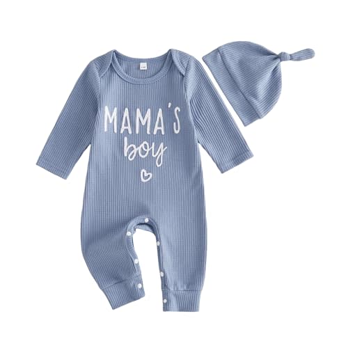 Newborn Baby Boy Fall Outfit Mamas Boy Romper Long Sleeve Jumpsuit Bodysuit | Infant Winter Clothes Letter Embroidery 0 3 6 9 Months One Piece Clothes Baby Coming Home Outfit