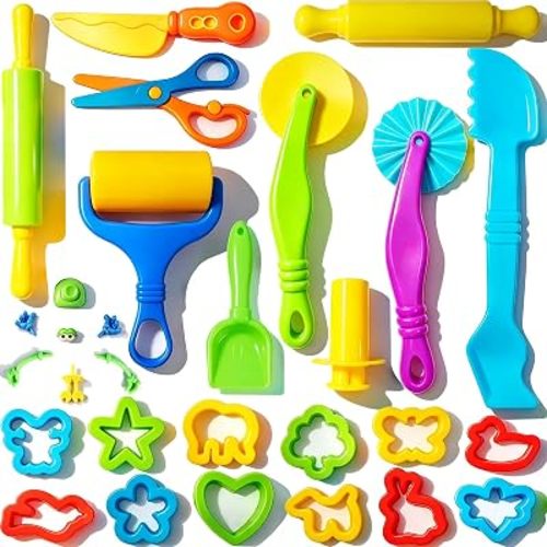 Dough and Clay Play Tools Kit for Kids, Modeling Clay Accessories for Toddlers, Animal Cutters with DIY Rollers & Safety Scissors, Dough Extruder Easy Squeeze for Kids, Ideal Home Play & Baking Set