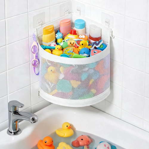 Corner Mesh Bath Toy Storage Caddy with Adhesive Hooks, Quick Dry Hanging Bathtub Toy Organizer Basket, Space Saving Triangle Shower Toy Holder for Kids