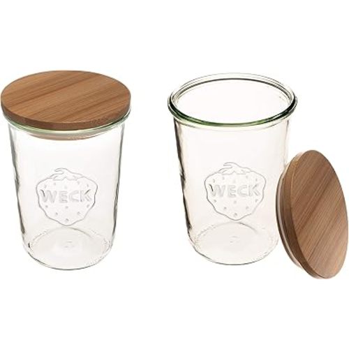 WECK Canning Jars 743-25.3 fl. oz Mold Jars - Eco-Friendly Canning Jar - Storage for Food, Yogurt with Air Tight Seal and Lid - 3/4 Liter Tall Jars Set - Set of (2 Jars with Wooden Lids)