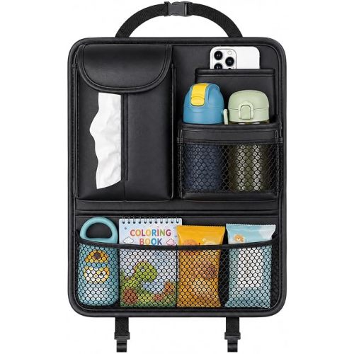 Backseat Car Organizer for Kids and Family Travel, Seat Protector with 5 Storage Pockets, Holds Snacks Drinks Toys, Easy Install for Car SUV Truck, Waterproof Organizer