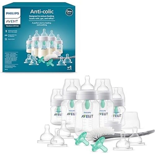 Philips Avent Anti-Colic Gift Set, 5 Baby Bottles with AirFree Vent 2x 4oz and 3x 9oz, 2x Nipples Flow 2 and 3x Nipples Flow 3, 2 Soothie Pacifiers 0-3 m, Bottle Brush and 5 Sealing Discs, SCD306/11
