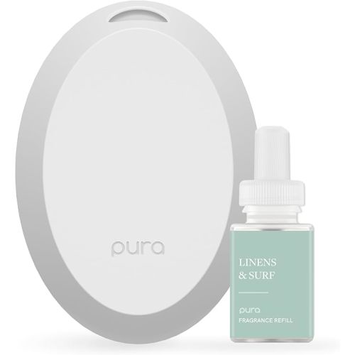 Pura Home Mini Fragrance Diffuser for Small Spaces Adjustable Smart Home Device with LED Light & Automatic Vial Detection - Includes 1 Scent Refill - Linens & Surf
