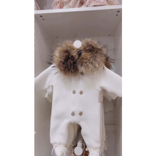 Newborn Baby Knitted Onesie in White Color with attachable Natural Fur