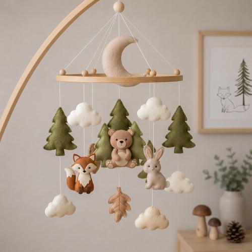 Woodland Animal Baby Mobile, Forest Theme Nursery Decor, Felt Fox Bear Bunny Mobile, Felt Baby Mobile, Nature Inspired Nursery Hanging