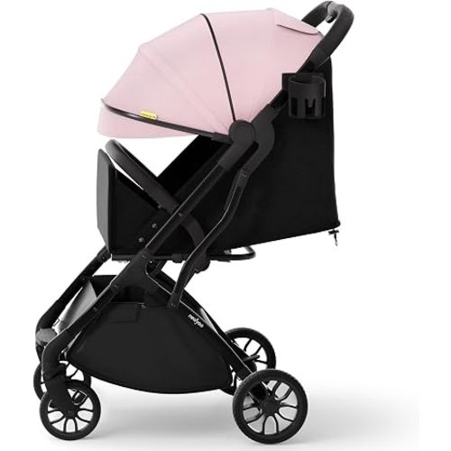 newyoo GlideTow TR18M Travel Stroller, Compact Infant Toddler Stroller with Cup Holder, One-Hand Fold, Near Flat Recline Seat, Pink
