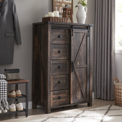 Gracie Oaks Farmhouse 5 Chest of Drawers, Tall Drawers Dresser with Sliding Barn Door & Reviews | Wayfair