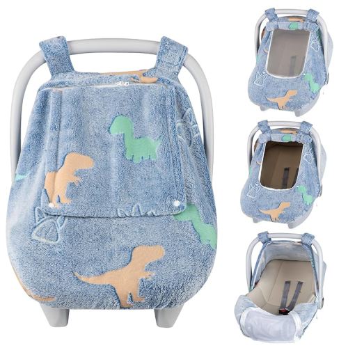 Car Seat Cover Baby Boys Girls Winter, Soft Flannel Infant Carseat Cover with 2 Zipper Windows, Dinosaur Carrier Cover Canopy Glow in The Dark, Comfortable & Machine Washable, Blue