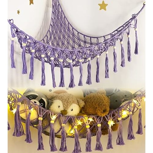 Stuffed Animal Hammock Corner with LED Light - Toy Storage Hammock Plushie Net Organizer - Teddy Bear Stuffy Hammock - Purple Nursery Decor Baby Kids Bedroom Nursery Furniture