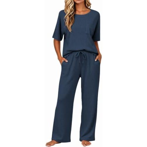 JiniGolla Womens Pajama Sets Waffle Knit Short Sleeve Shirt with Long Pajama Pants Soft Sleepwear Pj Lounge Sets