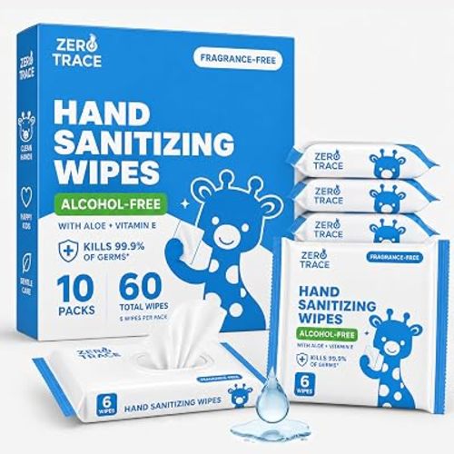 Zero Trace Pocket Hand Sanitizer Wipes – Alcohol-Free & Fragrance-Free – Kills 99.9% of Germs – Safe for Kids & Sensitive Skin – Travel Wipes – 60 Count (10 Packs of 6) – TSA Approved
