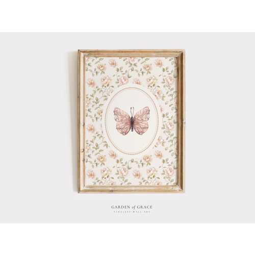 Shabby Chic Butterfly Wall Art Print for Nursery or Playroom, Pink Vintage Nature Theme Girl Room Decor, Floral Garden Prints