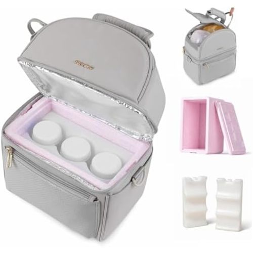 SUNVENO Breast Milk Cooler Bag with Detachable Insulation Box, Double-Layer Pumping Travel Bag for Work & Daycare, Fits Bottles, Ice Packs and Pump Parts,Grey