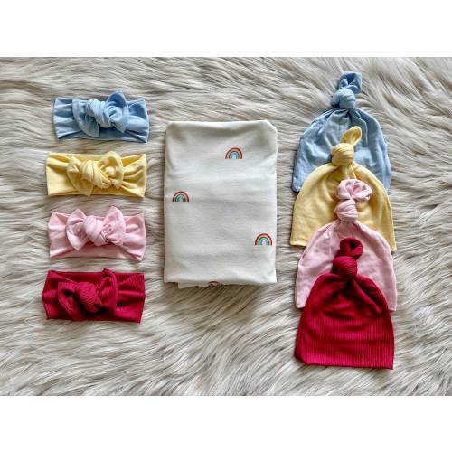 Rainbow Baby Swaddle Blanket Set: Knot Hat & Headband