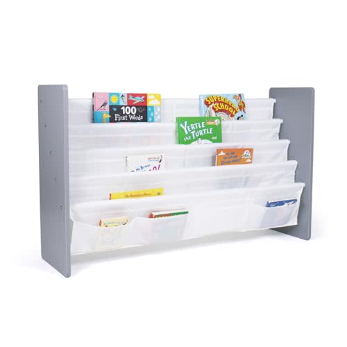 Humble Crew Inspire Extra Large Kids 4-Tier Bookrack with 4 Front Pockets, Toddler Bookshelf Organizer for Small & Large Books, Front-Facing Display Storage, Grey/White, for Nursery & Playroom