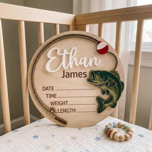 Fishing Birth Announcement Sign, New Baby Stats Plaque, Little Fisherman Nursery Decor, Custom Boy Gift, Personalized Bass Fish Decor