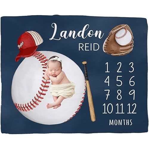 Personalized Baseball Baby Milestone Blanket for Boys - Custom Name Newborn Nursery Blanket with Monthly Growth Tracker, Soft for Keepsake Photo