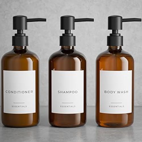 Stylish Shampoo and Conditioner Dispenser Set of 3 - Modern 21oz Shower Soap PET Bottles with Pump and Labels - Easy to Refill Body Wash Dispensers for an Instant Bathroom Decor Upgrade