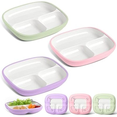 Domensi 3 Sets Kids Porcelain Plates with Silicone Sleeves Toddler Divided Porcelain Plate Baby Ceramic Dishes Snack Container for Kid Toddler Baby Feeding Microwave Dishwasher Safe(Vivid Color)
