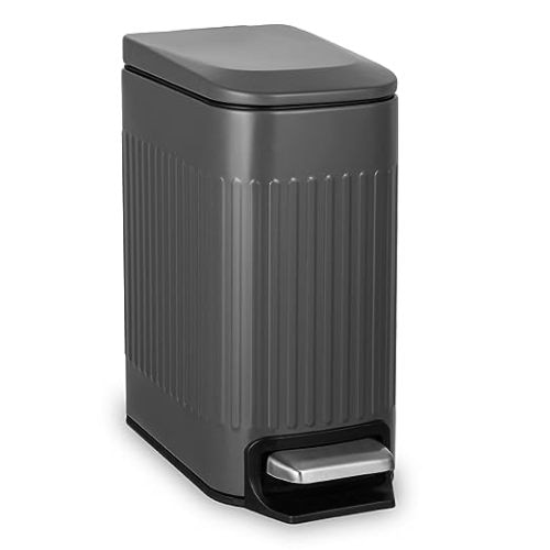 TrashAid Small Black Bathroom Trash Can with Lid Soft Close, 6 Liter / 1.6 Gallon, Stainless Steel Garbage Can with Removable Inner Bucket, Step Pedal, Slim Wastebasket for Toilet, Office, Bedroom