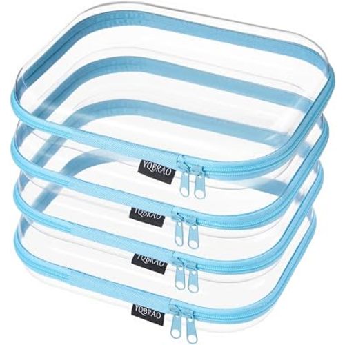 YQBRAO Clear Hard Shell Zipper Cases, 4 Medium Makeup Organizers, Blue