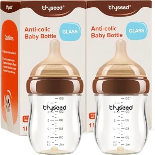Thyseed Anti-Colic Glass Baby Bottle for Breastfed Infants, Natural Feeding, Breast-Like Newborn Extra Slow Flow Nipple (0m+), 5 oz, 2 Pack