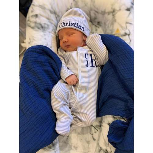 Baby boy coming home outfit,  Monogrammed footie, Baby gift, Monogrammed sleeper, Silver mini stripes