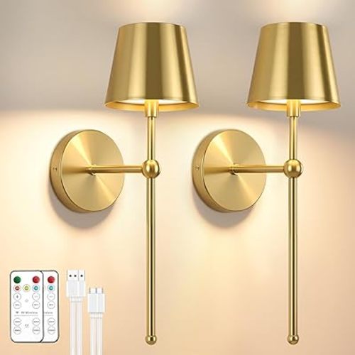 Battery Operated Wall Sconces Set of 2, Wireless Wall Sconce with Remote Dimmable Timer, Rechargeable 5200mAh, Cordless Gold Wall Light for Bedroom Living Room, Hallway, Light Decor