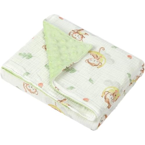 Baby Boys Girls Minky Blanket with Muslin Cotton Front and Dotted Fleece Backing, Soft Nursery Receiving Blankets for Newborn Toddler Crib Stroller Car Seat (Monkey)