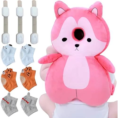 Baby Crawling Knee Pads Non-Slip,Infant Head Protection Backpack Anti-Fall, Cabinet Safety Locks – Complete Toddler Safety Set for Crawling -Walking Babies (Fox)