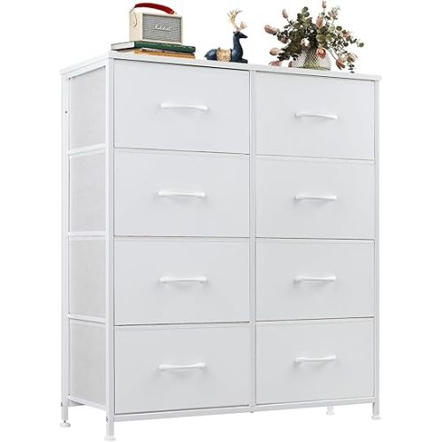 OLIXIS Dresser for Bedroom, 8 Storage Drawers, Tall Large Fabric Storage Tower Organizer, Chest of Drawers with Metal Frame Wooden Top for Nursery, Closet, Living Room, Entryway, Classic White