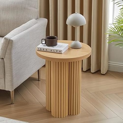 Round Fluted End Table, 17.7'' Mid Century Modern Side Table, Circle Bedside Tables Drink Table Wood Nightstand for Small Spaces, Living Room (Natural-1PCS)